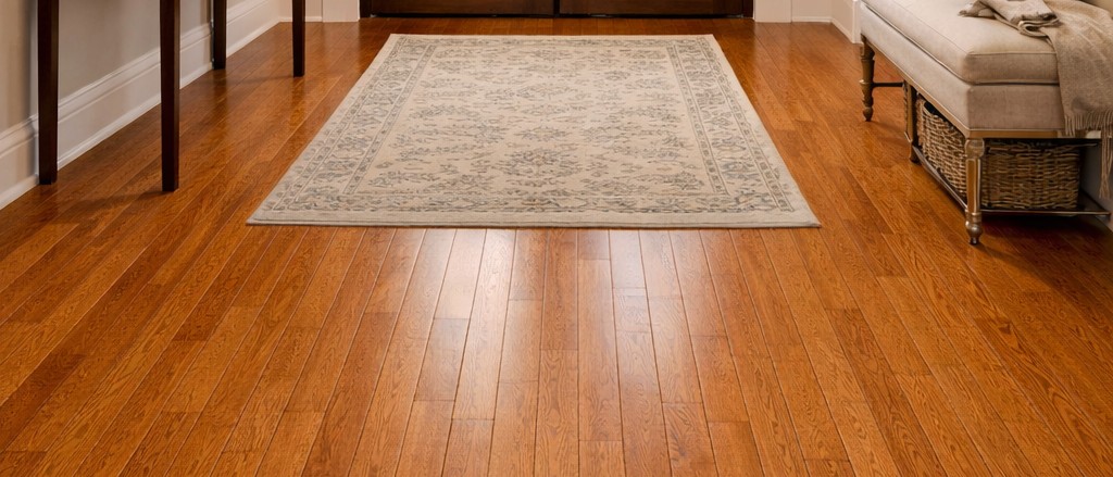 Warm-toned hardwood floor with an area rug in a bright entryway